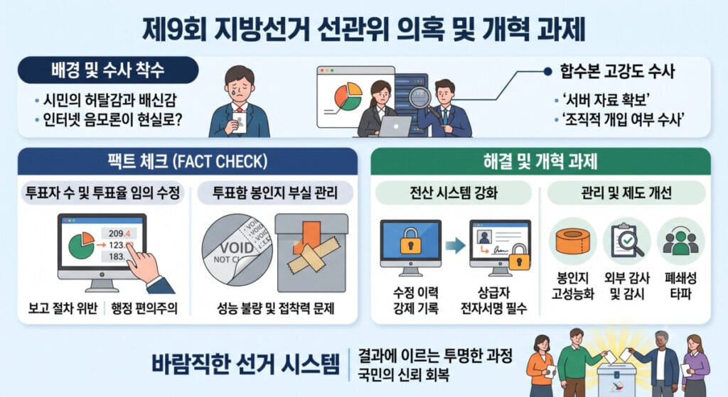 합수본 수사 착수 배경부터 투표율 임의 수정 및 투표함 봉인 관리 팩트 체크, 전산 시스템 강화와 관리 제도 개선안을 담은 지방선거 선관위 개혁 과제 인포그래픽