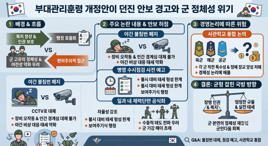부대관리훈령 개정안 관련 인포그래픽. 복지 향상과 편의주의적 접근 간의 갈등, 불침번 폐지 및 점검 사전 예고 등 주요 논란, 사관학교 통합의 위험성, 장병 인권과 엄정한 규율의 균형을 강조하는 결론을 단계별로 설명하는 화면