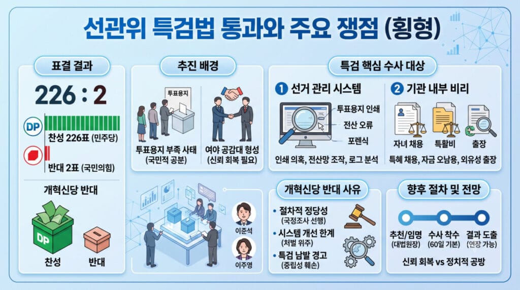 선관위 특검법 표결 결과 및 개혁신당 반대 사유 한눈에 보기 인포그래픽