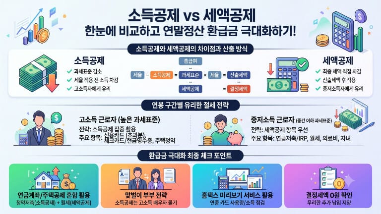 소득공제와 세액공제의 개념 차이, 연봉 구간별 절세 전략, 연말정산 환급금 극대화 체크 포인트를 한눈에 정리한 인포그래픽 이미지입니다.