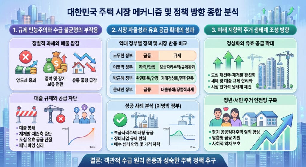 대한민국 주택 시장 메커니즘 및 역대 정부별 정책 성과와 미래 방향을 정리한 인포그래픽