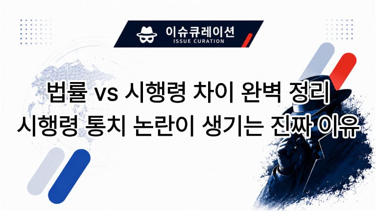 이슈큐레이션 로고와 함께 '법률 vs 시행령 차이 완벽 정리, 시행령 통치 논란이 생기는 진짜 이유'라는 타이틀 문구가 적힌 대표 썸네일 이미지