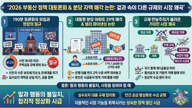 2026 부동산 정책 대토론회 및 분당 자택 매각 논란 인포그래픽: 토론회현황, 대통령 분당 아파트 29억 매각 이슈, 대출 규제로 인한 시장 왜곡 진단