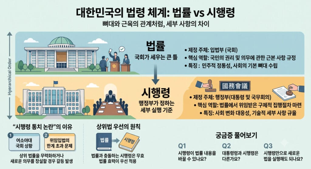 국회가 제정하는 법률(사회의 기본 뼈대)과 행정부가 제정하는 시행령(구체적 실행 기준)의 차이점을 도식화하여 보여줍니다. 상위법 우선의 원칙, 시행령 통치 논란의 이유, 자주 묻는 질문(FAQ)에 대한 간략한 답변을 포함하고 있습니다.