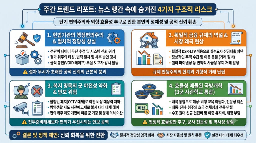 단기적 편의주의와 외형적 효율성 추구에 따른 4가지 구조적 리스크를 정리한 주간 트렌드 리포트 인포그래픽. 헌법기관의 절차적 정당성 상실, 획일적 부동산 대출 규제의 역설, 복지 명목의 군 야전성 약화, 국방개혁 4.0의 사관학교 통합 리스크 및 신뢰 회복을 위한 정책 제안을 포함합니다.