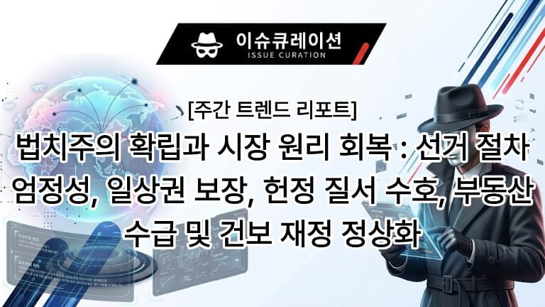 이슈큐레이션 주간 트렌드 리포트 썸네일 이미지. 메인 타이틀: '법치주의 확립과 시장 원리 회복: 선거 절차 엄정성, 일상권 보장, 헌정 질서 수호, 부동산 수급 및 건보 재정 정상화'. 지구본 그래픽과 태블릿을 들고 있는 탐정 캐릭터 일러스트가 포함된 썸네일 이미지.