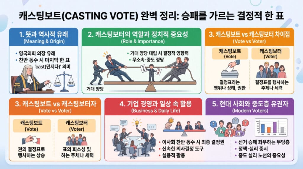 캐스팅보트 뜻과 유래, 정치적 중요성 및 실생활 활용 사례를 한눈에 정리한 가로형 인포그래픽 이미지