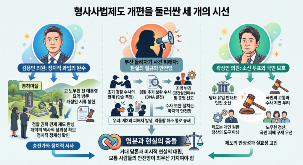 형사사법제도 개편을 둘러싼 세 가지 시선 인포그래픽: 김용민 의원의 정치적 과업 완수, 부산 돌려차기 사건 피해자의 현실적 안전망 우려, 곽상언 의원의 소신 투표와 국민 보호 시각 비교