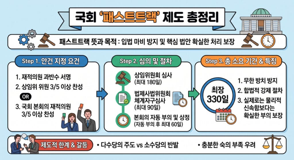 국회 패스트트랙 신속처리안건 제도의 지정 요건, 심의 절차, 최장 330일 소요 기간 및 한계점을 정리한 한 눈에 보는 인포그래픽