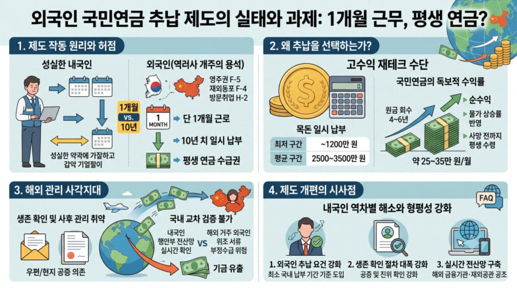 외국인 국민연금 추납 제도 허점과 수급 구조 및 사후 관리 사각지대 인포그래픽