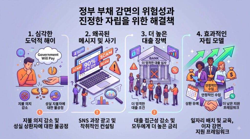 정부 빚탕감 정책의 위험성인 도덕적 해이, SNS 과대광고, 대출 문턱 상승 문제와 일자리 알선 및 이자 감면 등 건전한 자립 지원 모델을 보여주는 인포그래픽
