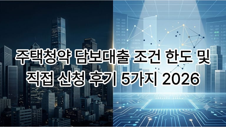 도시 야경과 디지털 데이터 화면이 결합된 배경 위에 '주택청약 담보대출 조건 한도 및 직접 신청 후기 5가지 2026'이라는 텍스트가 적혀 있는 이미지