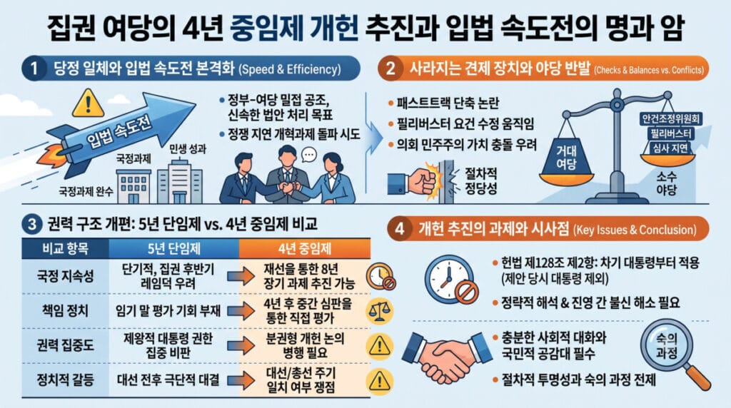 집권 여당의 입법 속도전 추진 배경, 야당의 견제 장치 약화 우려, 5년 단임제와 4년 중임제의 장단점 비교 표, 헌법 제128조 제2항 적용 및 숙의 과정의 필요성을 정리한 가로형 인포그래픽 이미지