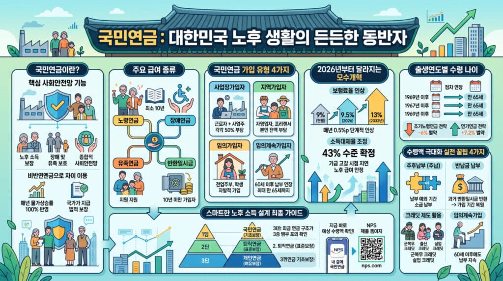 국민연금 제도의 핵심 기능, 급여 종류, 가입 유형 4가지, 2026년 모수개혁 내용 및 수령액 극대화 꿀팁을 정리한 인포그래픽 요약 안내 이미지