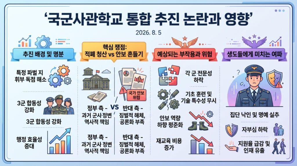 2026년 8월 국군사관학교 통합 추진 논란과 영향을 다룬 인포그래픽. 추진 배경 및 명분, 핵심 쟁점(적폐 청산 대 안보 흔들기), 각 군 전문성 하락 및 안보 역량 저하 우려, 생도들에게 미치는 여파 등을 시각적으로 요약한 자료.