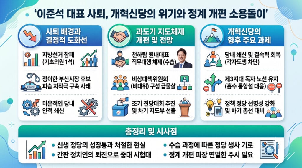 개혁신당 이준석 대표 사퇴 배경과 결정적 도화선, 천하람 직무대행 및 비대위 전환 전망, 향후 과제와 시사점을 정리한 가로형 요약 인포그래픽