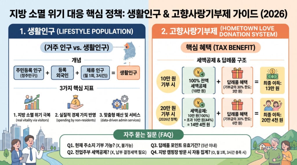 2026년 생활인구 개념과 고향사랑기부제 세액공제 및 답례품 혜택 구조를 한눈에 정리한 인포그래픽 이미지입니다.