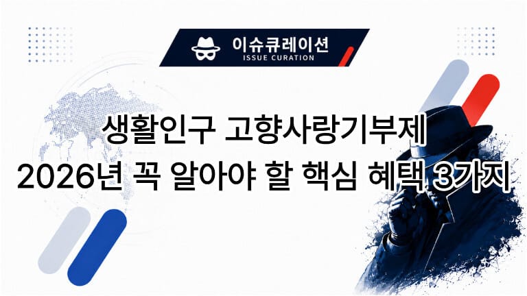 이슈 큐레이션 로고 아래로 생활인구 고향사랑기부제 2026년 꼭 알아야 할 핵심 혜택 3가지라는 문구가 적혀있고 그 옆에 중계모를 쓴 신사의 그림이 그려져 있다.