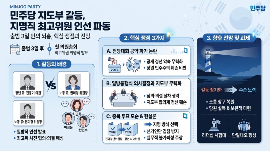 민주당 지명직 최고위원 인선 파동과 지도부 갈등 핵심 쟁점을 정리한 인포그래픽