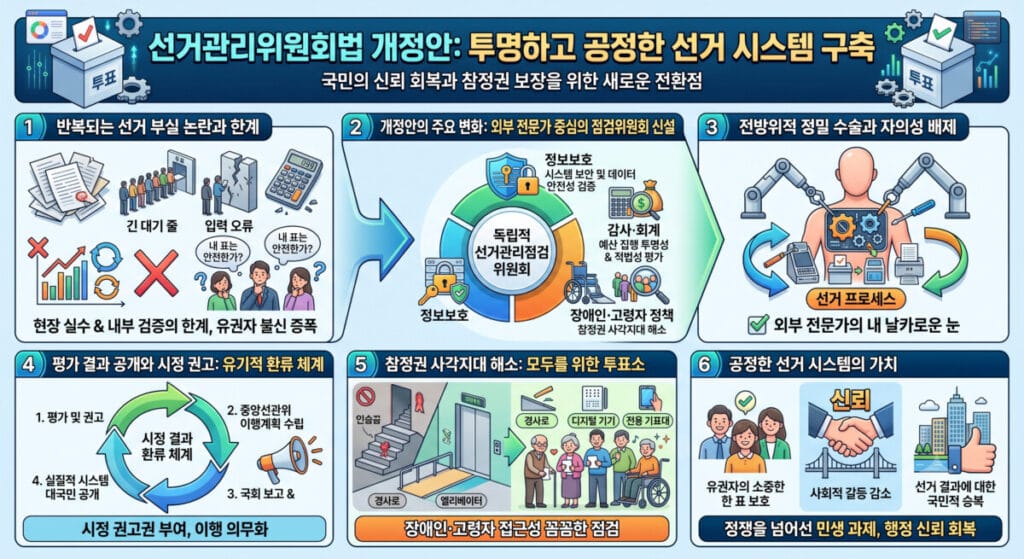 선거관리위원회법 개정안의 주요 내용을 요약한 인포그래픽. 반복되는 선거 부실 논란 극복, 외부 전문가 중심의 독립적 선거관리점검위원회 신설, 평가 결과 공개 및 시정 권고 환류 체계, 장애인과 고령자를 위한 참정권 사각지대 해소 방안을 담고 있습니다.