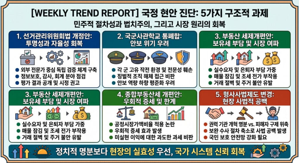 국정 현안 진단 주간 트렌드 리포트 인포그래픽: 선거관리위원회법 개정안, 국군사관학교 통폐합, 부동산 세제개편, 종합부동산세 개편, 형사사법제도 변경 등 5가지 구조적 과제 정리