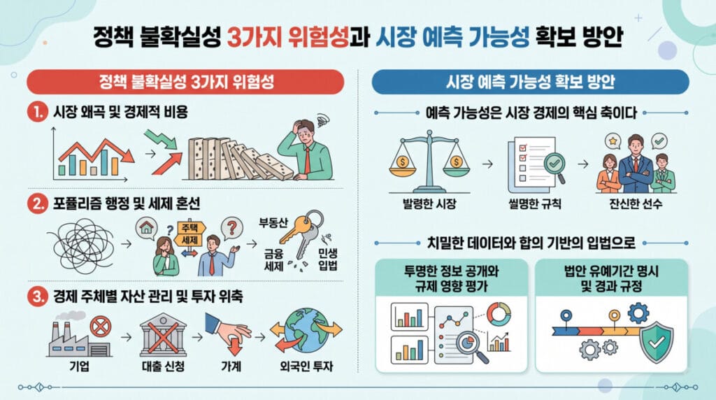 정책 불확실성의 3가지 위험성(시장 왜곡, 포퓰리즘 행정 및 세제 혼선, 투자 위축)과 시장 예측 가능성 확보 방안(데이터 기반 입법, 규제 영향 평가, 유예기간 명시)을 총괄하여 설명하는 가로형 인포그래픽.