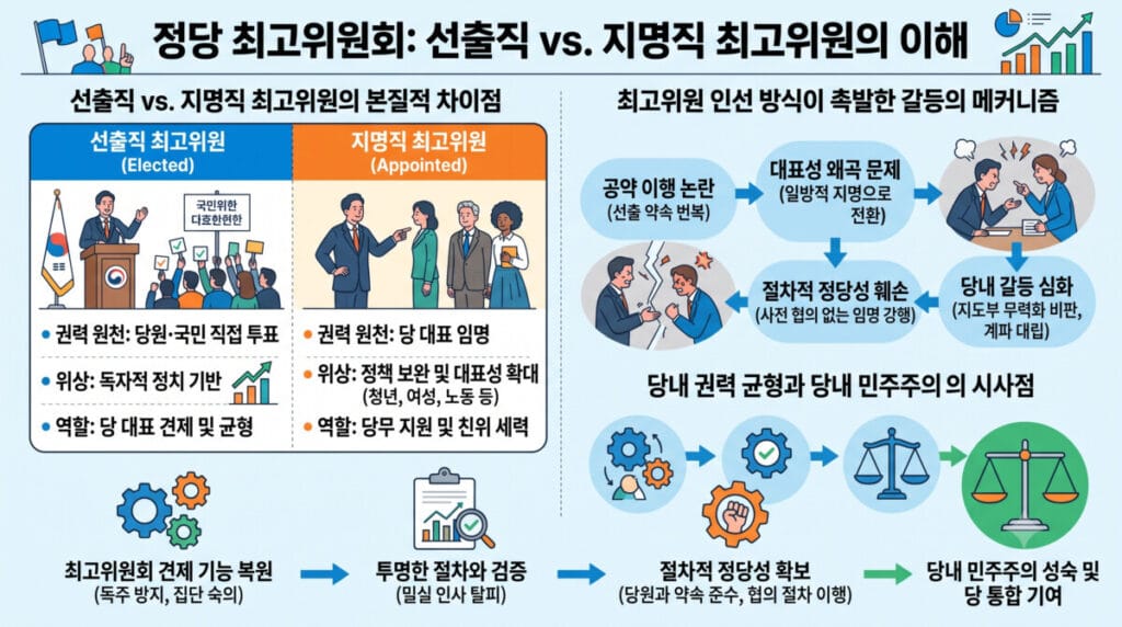 정당 최고위원회 선출직 최고위원과 지명직 최고위원의 권력 원천 차이, 인선 갈등 메커니즘, 당내 민주주의 시사점을 정리한 인포그래픽