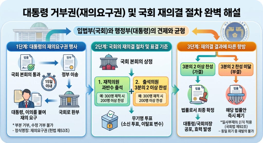 대통령 거부권(재의요구권) 및 국회 재의결 절차 인포그래픽: 국회 본회의 통과 후 정부 이송(15일 이내 재의요구), 국회 재의결(재적 과반 출석 및 출석 3분의 2 이상 찬성, 무기명 투표), 가결 시 법률 확정 및 부결 시 즉시 폐기(일사부재의 원칙) 과정을 나타낸 3단계 설명도