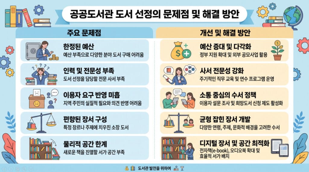 공공도서관 희망도서 신청 문제점 및 개선 방안을 나타낸 가로형 인포그래픽 이미지