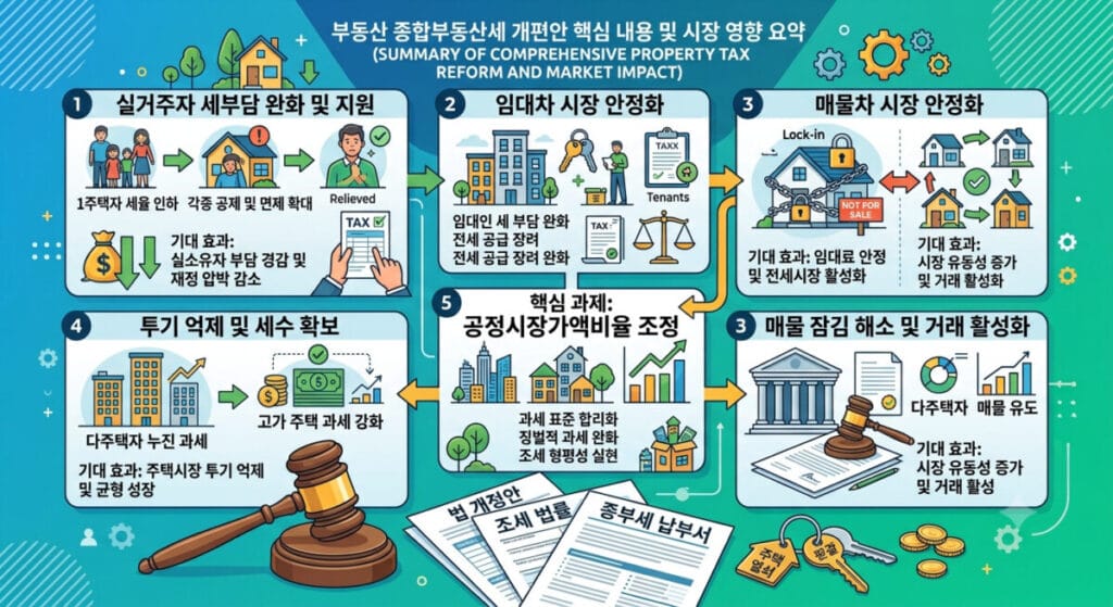 부동산 종합부동산세 개편안의 핵심 내용, 과세 구조, 임대차 시장 영향 및 매물 잠김 현상을 요약 정리한 한 장짜리 인포그래픽 이미지