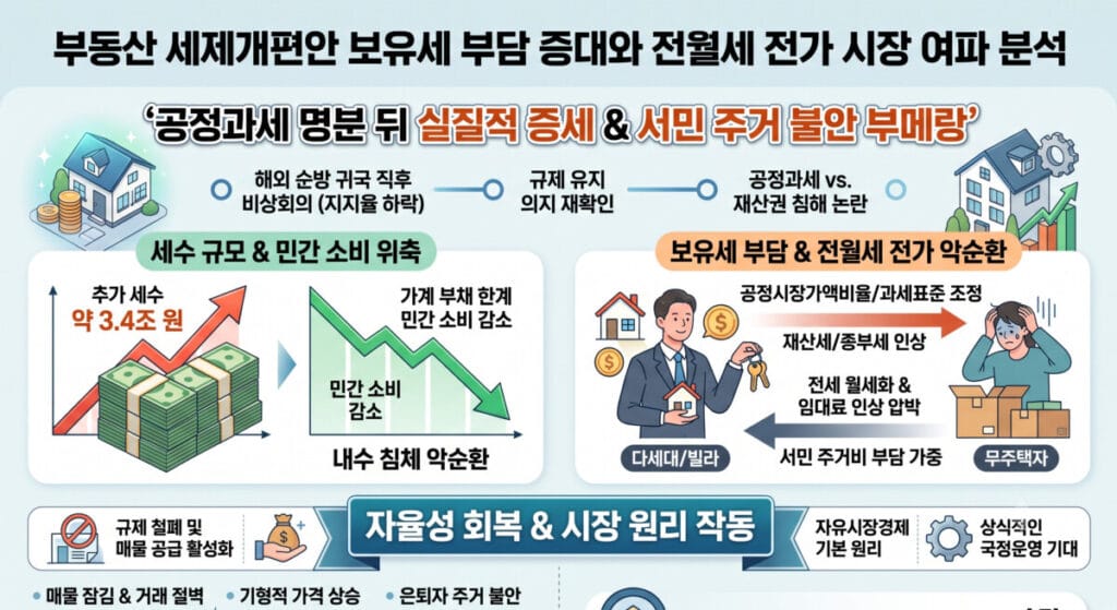 부동산 세제개편안에 따른 보유세 부담 증대, 약 3조 4천억 원 규모의 추가 세수, 그리고 전월세 시장으로의 조세 전가 여파를 정리한 한눈에 보는 인포그래픽