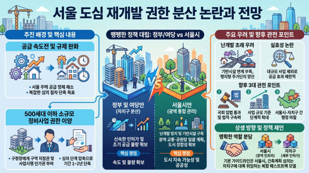 서울 도심 재개발 권한 분산 추진 배경과 정부 및 서울시간 정책 대립 쟁점, 향후 관전 포인트를 정리한 인포그래픽