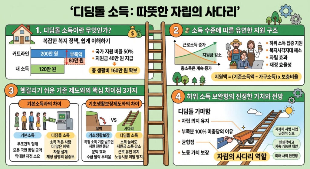 디딤돌 소득 개념과 작동 원리를 설명하는 인포그래픽 이미지. 기준 소득 지원 비율에 따른 소득 보충 구조, 기본소득 및 기초생활보장제도와의 차이점 비교, 자립 사다리 역할과 기대 효과를 한눈에 보여줍니다.