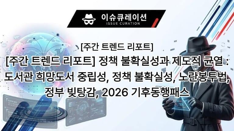 이슈큐레이션 주간 트렌드 리포트 대표 이미지: 정책 불확실성과 제도적 균열(도서관 희망도서 중립성, 정책 불확실성, 노란봉투법, 정부 빚탕감, 2026 기후동행패스)
