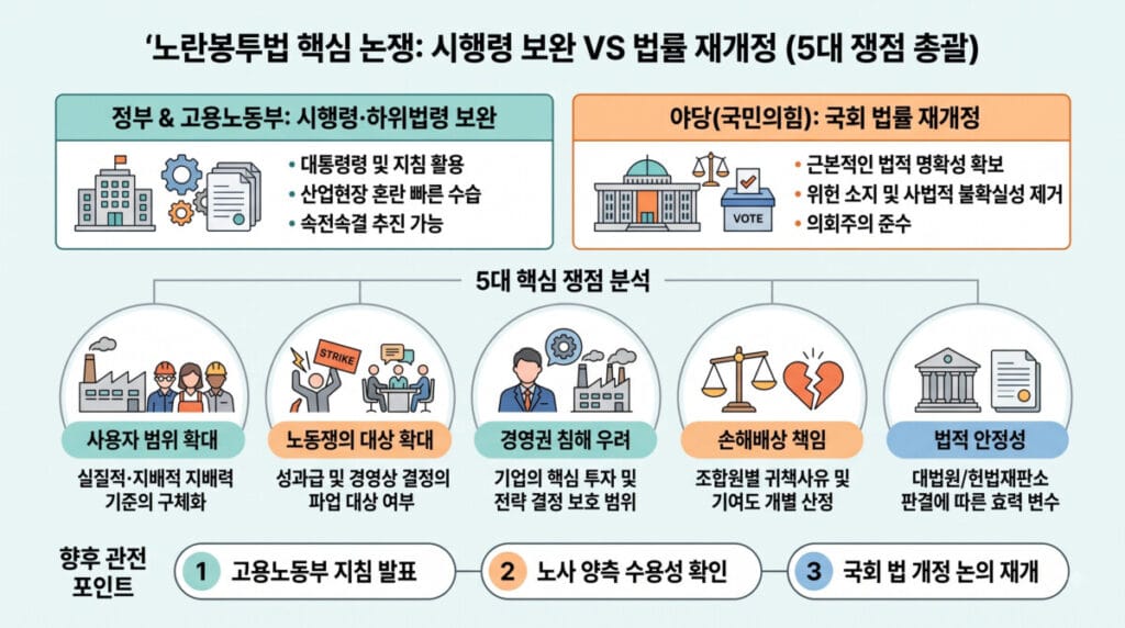 노란봉투법 시행령 보완과 법률 재개정을 둘러싼 5대 핵심 쟁점 및 향후 관전 포인트 인포그래픽