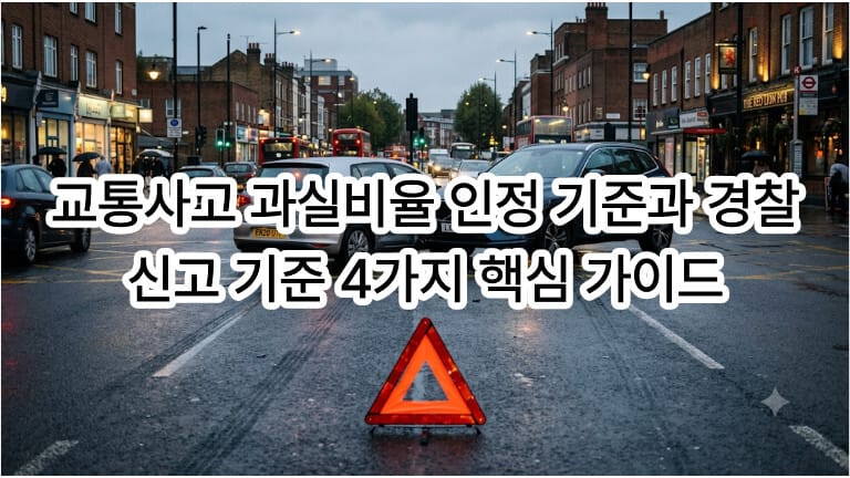 비가 내리는 런던 거리의 교차로에서 발생한 두 대의 차량 교통사고 현장을 보여주는 대표 이미지입니다. 도로 중앙에는 빨간색 삼각 경고판이 놓여 있으며, 뒤쪽으로 흰색 승용차와 검은색 SUV가 충돌한 채 멈춰 있습니다. 이미지 중앙에는 흰색 테두리가 있는 검은색 글씨로 '교통사고 과실비율 인정 기준과 경찰 신고 기준 4가지 핵심 가이드'라는 텍스트가 명확하게 기재되어 있습니다.