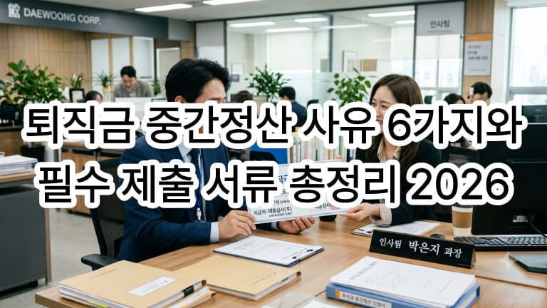사무실 인사팀 책상에서 남성 근로자가 담당자로부터 퇴직금 중간정산 서류를 전달받는 모습 위로 퇴직금 중간정산 사유 6가지와 필수 제출 서류 총정리 2026 텍스트가 적힌 대표 썸네일 이미지입니다.