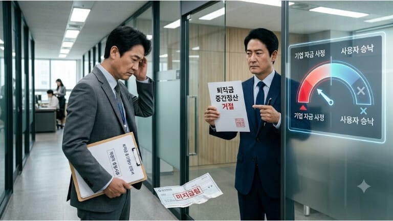 완벽한 증빙서류를 갖추어 퇴직금 중간정산을 신청한 근로자가 사무실 복도에서 거절당하는 장면입니다. 인사팀 직원이 '기업 자금 사정'과 '사용자 승낙' 권한을 이유로 거절 의사를 밝히고 있으며, 바닥에는 지급되지 않은 수표와 거절 통지서가 보입니다. 중간정산 승인이 법적 의무가 아닌 회사의 재량 사항임을 보여줍니다.