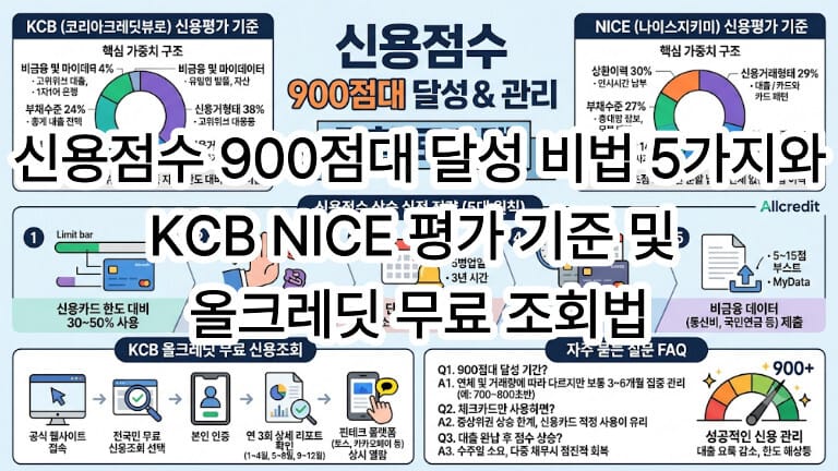 신용점수 900점대 달성 비법 5가지와 KCB NICE 평가 기준 및 올크레딧 무료 조회법 인포그래픽 썸네일