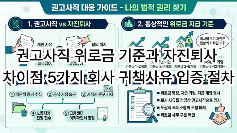 권고사직 위로금 기준과 자진퇴사 차이점 및 회사 귀책사유 입증 절차 요약 인포그래픽 대표이미지