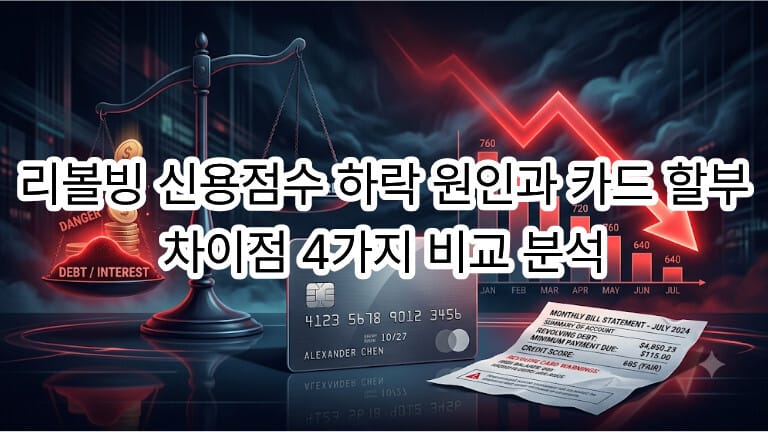 리볼빙 신용점수 하락 원인과 카드 할부 차이점 4가지 비교 분석 대표 썸네일 이미지. 신용카드와 카드 청구서, 붉은색 하락 그래프와 부채 및 신용점수 저울이 배치되어 있습니다.