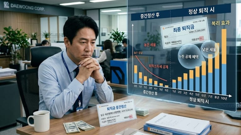 사무실에서 고민에 빠진 남성 근로자 옆으로 퇴직금 중간정산의 재정적 영향을 보여주는 미래형 홀로그램 차트가 떠 있습니다. 차트는 중간정산 후 근속연수 초기화로 인한 세제 불이익(높은 세율)과 최종 퇴직 시 받을 수 있는 복리 효과 및 누진 공제 혜택(낮은 세율)을 비교하며 신중한 재정적 결정을 강조합니다.