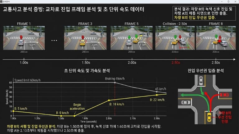 교통사고 분석 프로그램 화면. 교차로 진입 시점의 프레임별 위치 추적 및 초 단위 주행 속도 그래프, 충돌 궤적 분석 데이터를 통해 진입 우선권을 입증하는 속도 분석 소프트웨어 인터페이스 자료