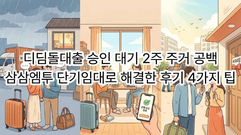 디딤돌대출 승인 대기 기간 동안 생긴 2주의 주거 공백을 삼삼엠투 단기임대로 해결한 후기를 보여주는 3단 분할 일러스트레이션입니다. 왼쪽에는 비 오는 날 캐리어를 들고 걱정하는 부부와 보관이사 트럭이, 가운데에는 단기임대 숙소에서 식사하며 스마트폰으로 은행 승인 완료를 확인하는 부부가, 오른쪽에는 맑은 날 새 집 앞에서 이삿짐을 내리며 기뻐하는 부부의 모습이 담겨 있으며 중앙에 '디딤돌대출 승인 대기 2주 주거 공백 삼삼엠투 단기임대로 해결한 후기 4가지 팁'이라는 문구가 있습니다.