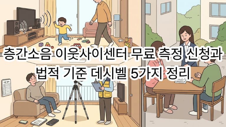 층간소음 발생 세대와 이웃사이센터 무료 현장 측정 및 이웃 간 중재 상담 과정을 표현한 대표 일러스트